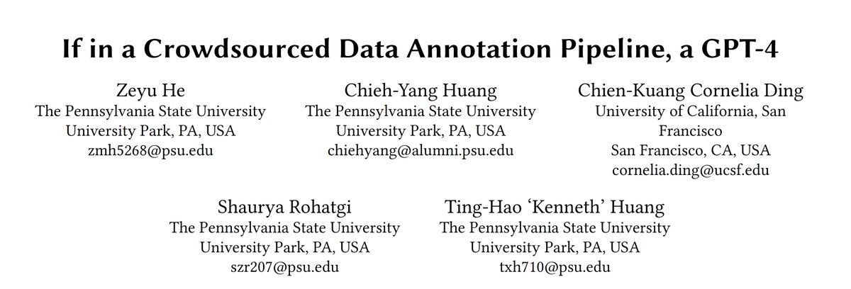 At #CHI2024, we try to do justice to #crowdsourcing by answering this question: 

How does GPT-4's labeling ability compare to that of a realistic, well-executed MTurk *pipeline*?

Led by <a href="/StevenHe918/">Steven He</a>, we publish our love letter to crowdsourcing: arxiv.org/abs/2402.16795 #LLM 1/🧵