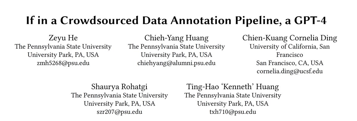 At #CHI2024, we try to do justice to #crowdsourcing by answering this question: How does GPT-4's labeling ability compare to that of a realistic, well-executed MTurk *pipeline*? Led by @StevenHe918, we publish our love letter to crowdsourcing: arxiv.org/abs/2402.16795 #LLM 1/🧵