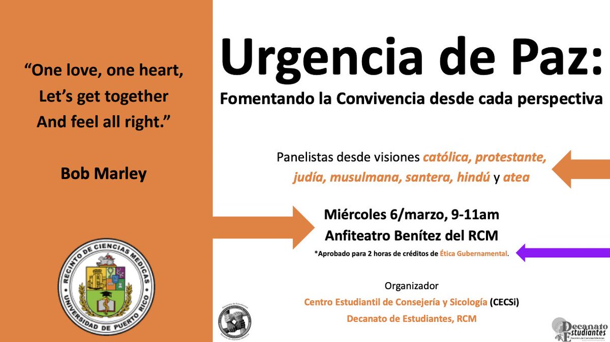 El CECSi del Decanato de Estudiantes les invita a la conferencia que contará con panelistas de visiones católicas, protestantes, judías, musulmanas, santeras, hindúes y ateas.

Para cualquier pregunta, 📞 al (787) 758-2525, extensiones 5212 y 5209, o 📨 carlos.canuelas1@upr.edu.
