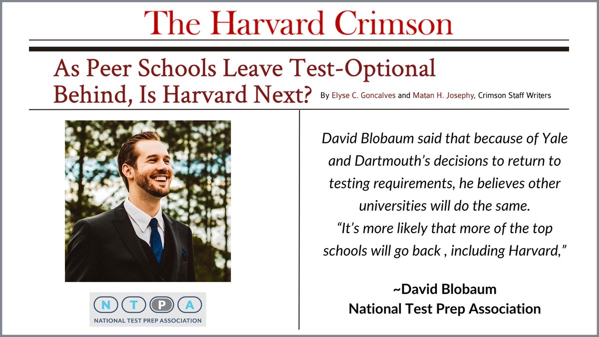 ClearyStrategies (@clearystrat1) on Twitter photo Will Harvard follow other top universities and leave test-optional behind? @david_blobaum of the <a href="/TruthAndTests/">National Test Prep Association</a> shares his predictions with <a href="/thecrimson/">The Harvard Crimson</a>. Find out what he thinks will happen! #ClearyStrategies #DontMissTheMoment Will Harvard follow other top universities and leave test-optional behind? @david_blobaum of the <a href="/TruthAndTests/">National Test Prep Association</a> shares his predictions with <a href="/thecrimson/">The Harvard Crimson</a>. Find out what he thinks will happen! #ClearyStrategies #DontMissTheMoment