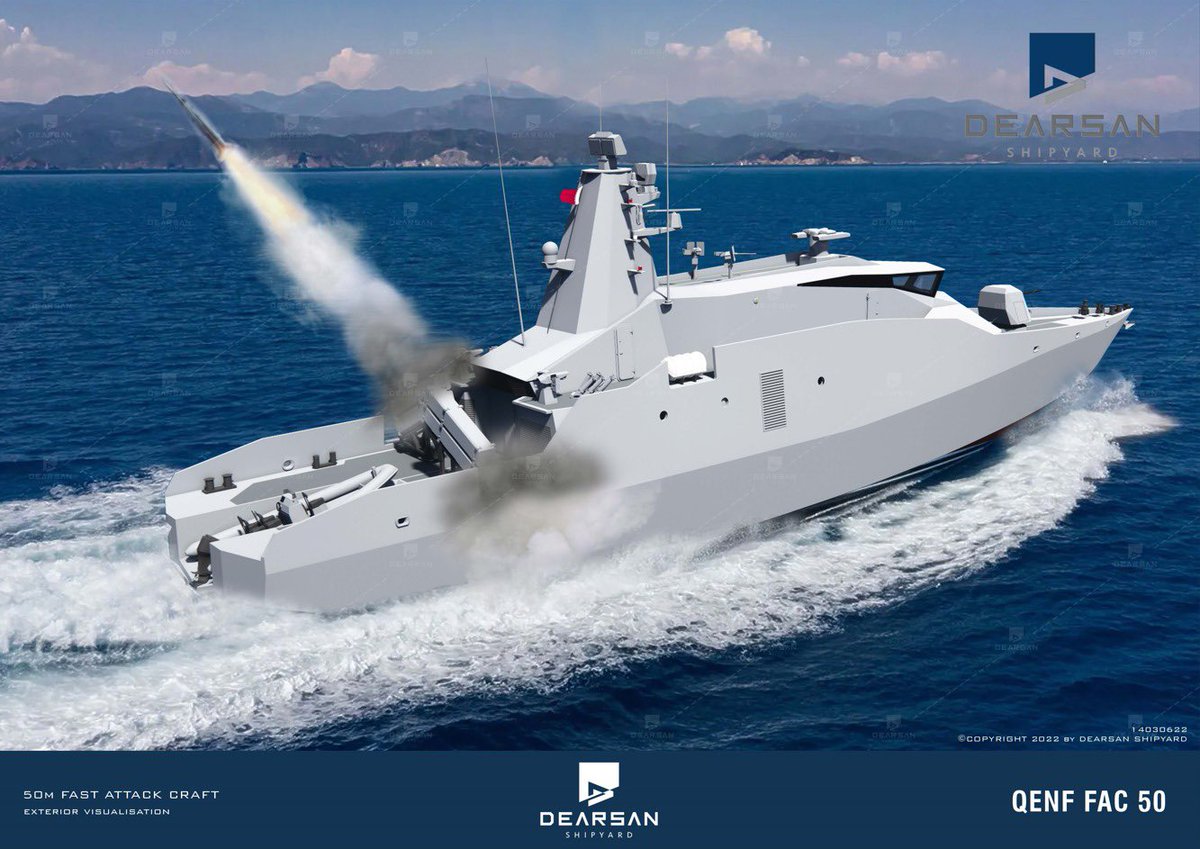 New contract from DEARSAN! On March 5, 2024, during the Doha International Maritime Defence Exhibition, a contract signature ceremony was held between the Qatari Emiri Navy and Dearsan Shipyard within the scope of design and build project of 2 units of 50-meter Fast Attack Craft.