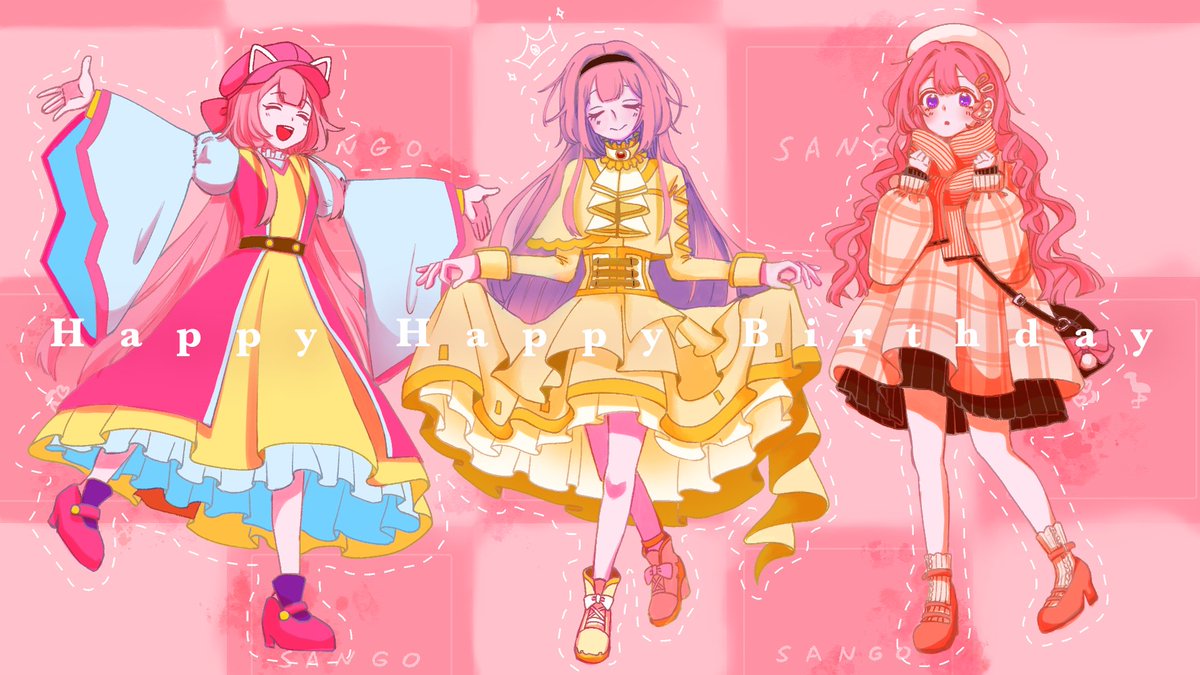 pink hair long hair dress hat closed eyes 3girls yellow dress  illustration images