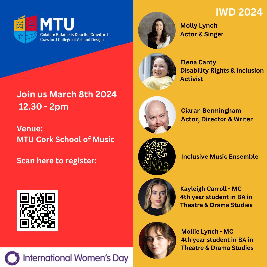Celebrate International Women's Day with MTU at The Cork School of Music this Friday, 8th March from 12.30 - 2pm. Reserve your free ticket at rb.gy/1c0yzs or scan the poster below #IWD2024 #MTUIWD2024 #InspireInclusion @womensday @mtu_csm @EmpowerWomenMTU @elenacanty