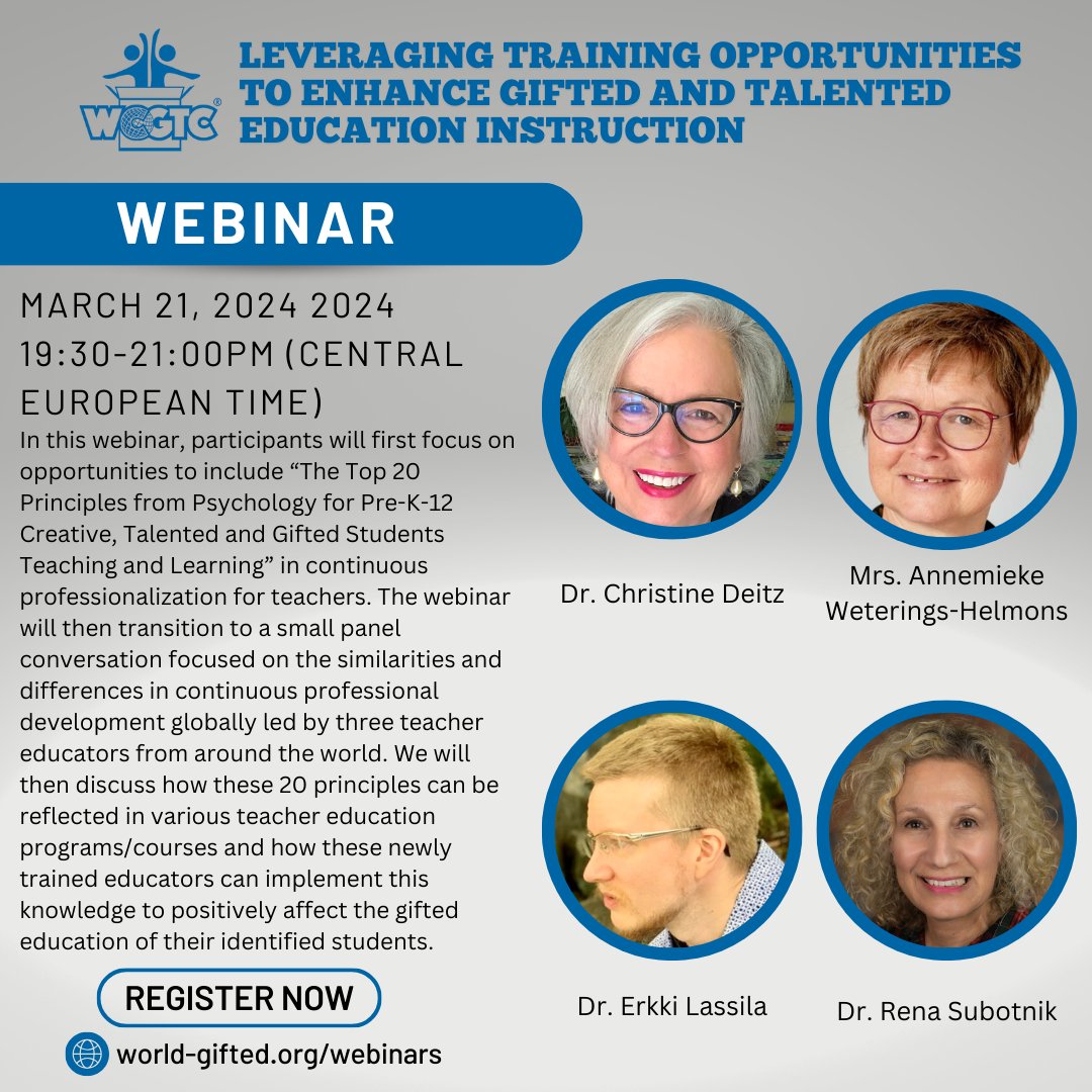 Check out this webinar opportunity on teacher education. Learn more and register at world-gifted.org/webinars/

#gtchat #edchat #gifted #giftededucation #talentdevelopment #creativity #teachereducation