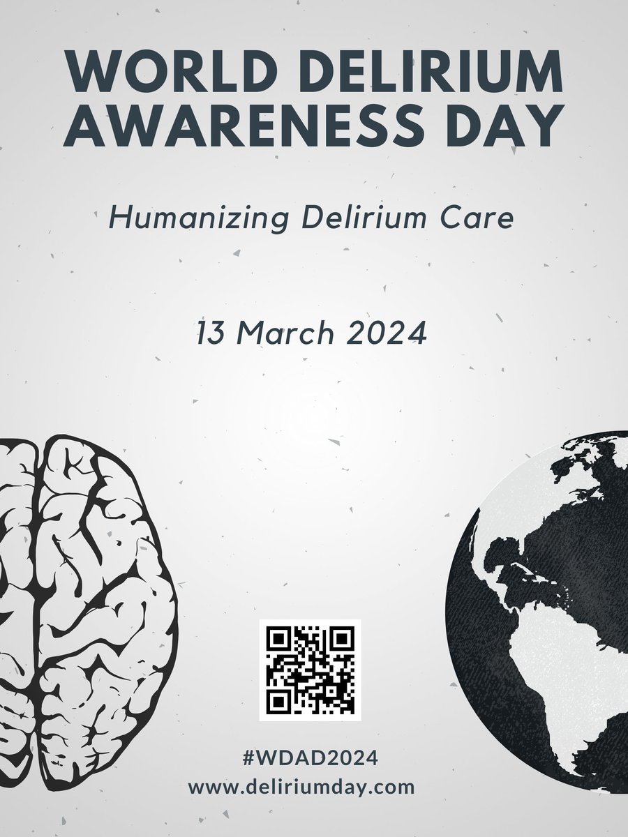 March 13, 2024 is World Delirium Awareness Day. This year's theme is 'Humanizing Delirium Care.' Learn more and find out ways you can get involved: deliriumday.com #WDAD2024