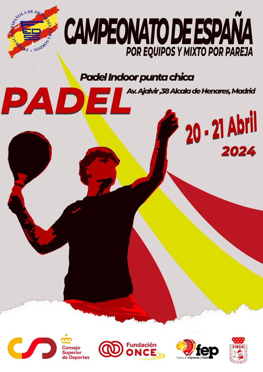FEDSordos's tweet image. El próximo 20 y 21 de abril se celebrará el Campeonato de España de Pádel por equipos y mixto por pareja en Alcalá de Henares (Madrid). 
👉 Inscripción e Información: 
feds.es/campeonato-de-…

@deportegob 
@EspanolaPadel 
@Fundacion_ONCE 
#FMDS