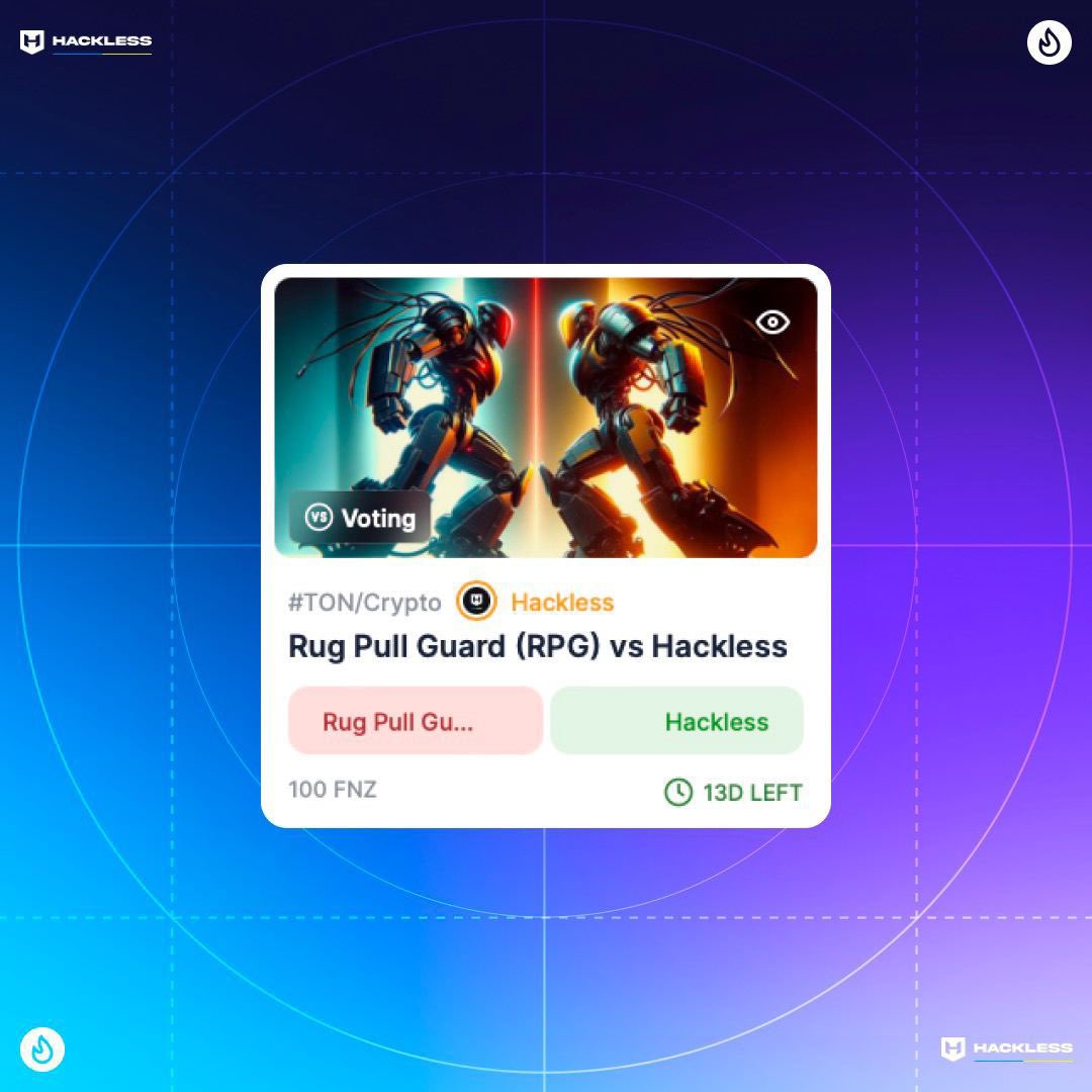 Have you already seen battles of different projects? Today @hackless_defi are choosing a name for their rug pull protection Telegram bot 🤖 Rug Pull Guard (RPG) or Hackless bot? t.me/fanzeebattlesb… Battles for everyone ❤️