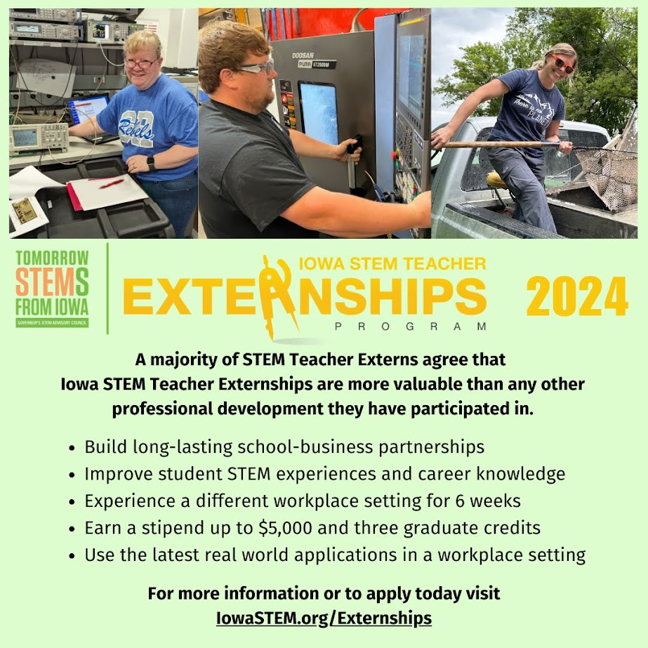 The Iowa STEM Teacher Externships Program allows teachers to gain experience working with a local business. STEM Teacher Externs are exposed to real-world STEM applications while working side-by-side with industry employees. Learn more here 👉 zurl.co/raql