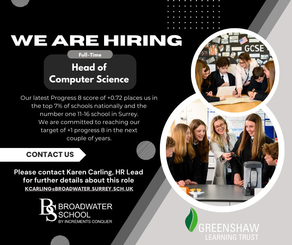We are hiring! Come and join our team at Broadwater School and be part of the Greenshaw Learning Trust. Deadline for Head of Computer Science applications is 22nd March 2024. broadwater.surrey.sch.uk/page/?title=St… @GreenshawTrust @gltrecruitment @i2iPartnership