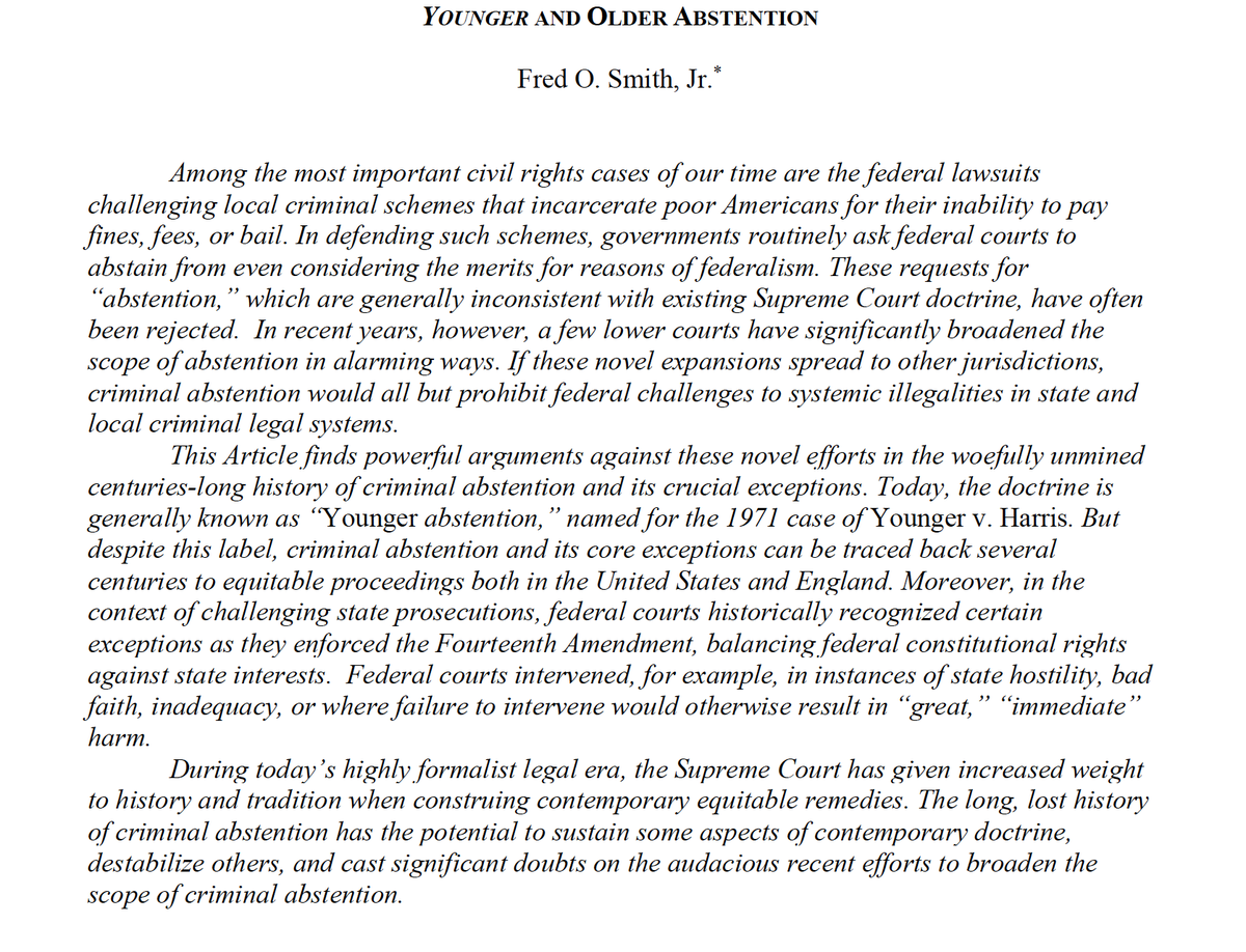 Thrilled that my new paper, Younger and Older Abstention, will be published in the Michigan Law Review. The abstract is below. If you would like a full draft, please reach out. Comments very much welcome. #newlawreviewarticle (1/4)