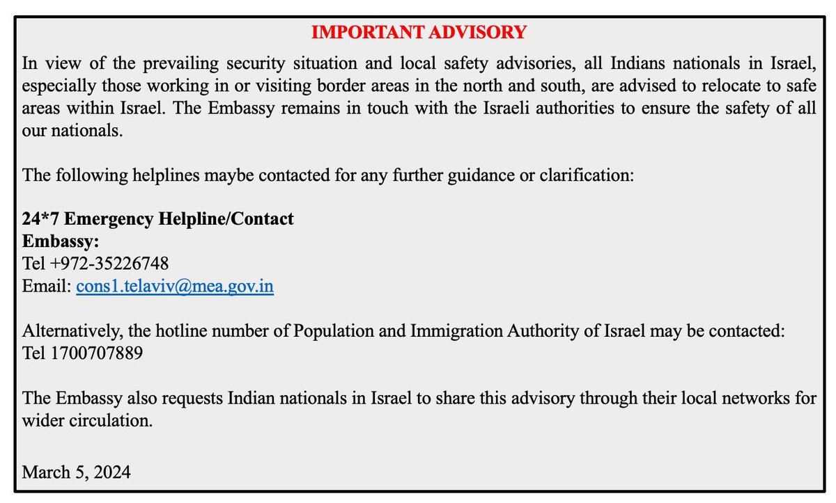 Help Uttarakhand Group (@bharat24588032) on Twitter photo #Israel
#IndianNationals
📢*IMPORTANT ADVISORY FOR INDIAN NATIONALS IN ISRAEL*
Stay Safe 🙏
<a href="/thesks24/">SKS (Malak of Bharat )</a>
<a href="/PrashantSahyog/">Prashant Krishna Gaur</a>
<a href="/AskRoushan/">Roushan Raj</a>
<a href="/gounder_ramya/">GounderRamya</a>
<a href="/ukcmo/">CM Office Uttarakhand</a>
<a href="/uttarakhandcops/">Uttarakhand Police</a>
<a href="/Samaachaar_r/">Social_Tea 🇮🇳</a> #Israel
#IndianNationals
📢*IMPORTANT ADVISORY FOR INDIAN NATIONALS IN ISRAEL*
Stay Safe 🙏
<a href="/thesks24/">SKS (Malak of Bharat )</a>
<a href="/PrashantSahyog/">Prashant Krishna Gaur</a>
<a href="/AskRoushan/">Roushan Raj</a>
<a href="/gounder_ramya/">GounderRamya</a>
<a href="/ukcmo/">CM Office Uttarakhand</a>
<a href="/uttarakhandcops/">Uttarakhand Police</a>
<a href="/Samaachaar_r/">Social_Tea 🇮🇳</a>
