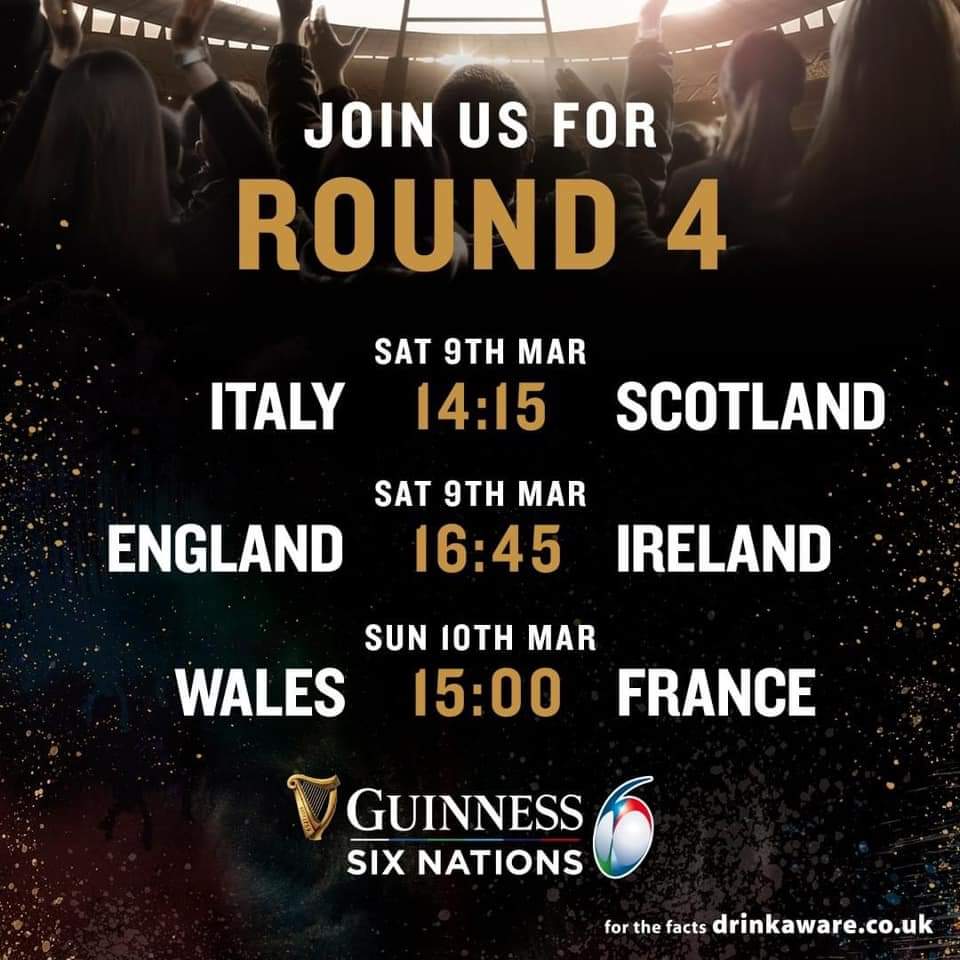 Time for Round 4 of the Six Nations!

Two matches on Saturday, with the big one (England vs. Ireland) kicking off at 4.45pm!

We'll be showing the Italy vs. Scotland match first at 2.15pm, so why not arrive early &amp; grab your seat for an afternoon and early evening full of Rugby!