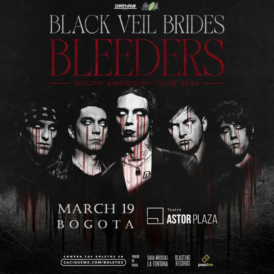 A pocas semanas Black Veil Brides en Bogotá 19 de Marzo en el Astor Plaza Boleteria disponible en puntos autorizados En passline.com y en caciquemx.com Otro evento @CACIQUEMx #Comparte #Apoya