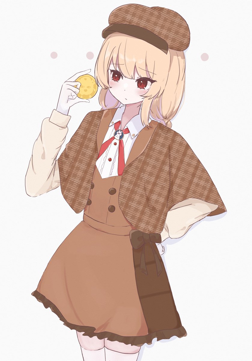 1girl hat solo red eyes blonde hair food thighhighs  illustration images