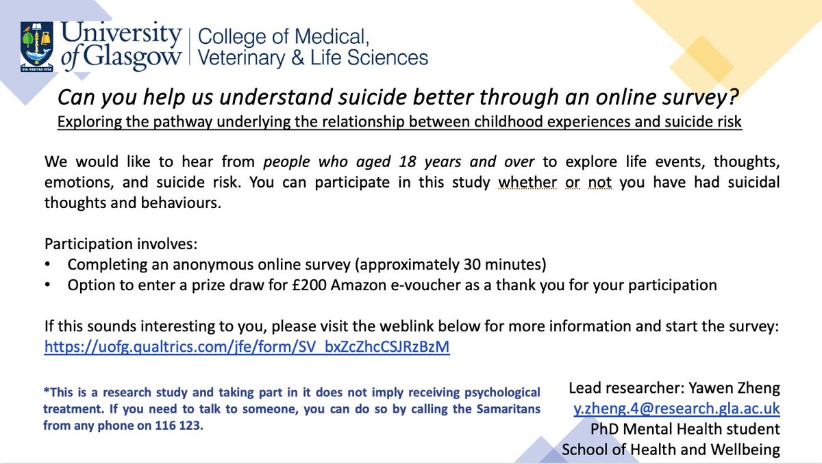 We are looking for participants to take part in an online survey on the relationship between childhood experiences and suicide risk. To learn more or to take part, please visit: uofg.qualtrics.com/jfe/form/SV_bx…. RTs are much appreciated. Thank you. @suicideresearch @jonathanjevans