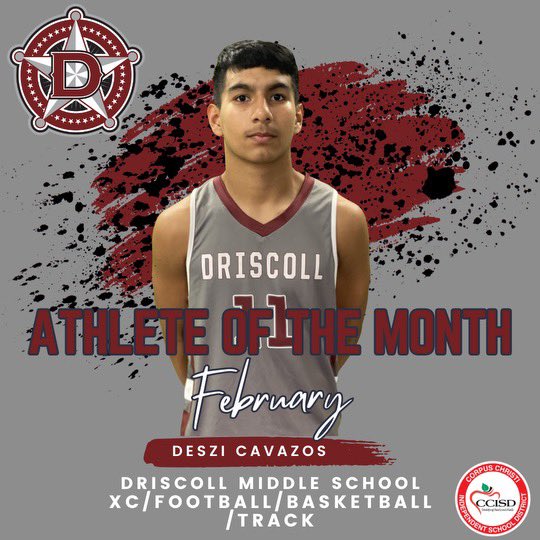 Congratulations to our very own, Deszi Cavazos for receiving CCISD Athlete of the Month! Deszi is the epitome of what a student athlete should be. He represents the Driscoll community so well! We are so proud of you, Deszi! 👏🎉