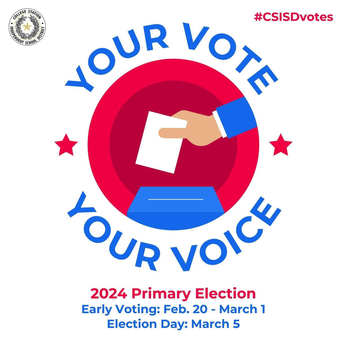 Today is Election Day for the 2024 Primaries! Voting is one of the best ways to directly impact our public schools. #csisdvotes 🗳️ For polling locations, visit brazosvotes.org/node/198