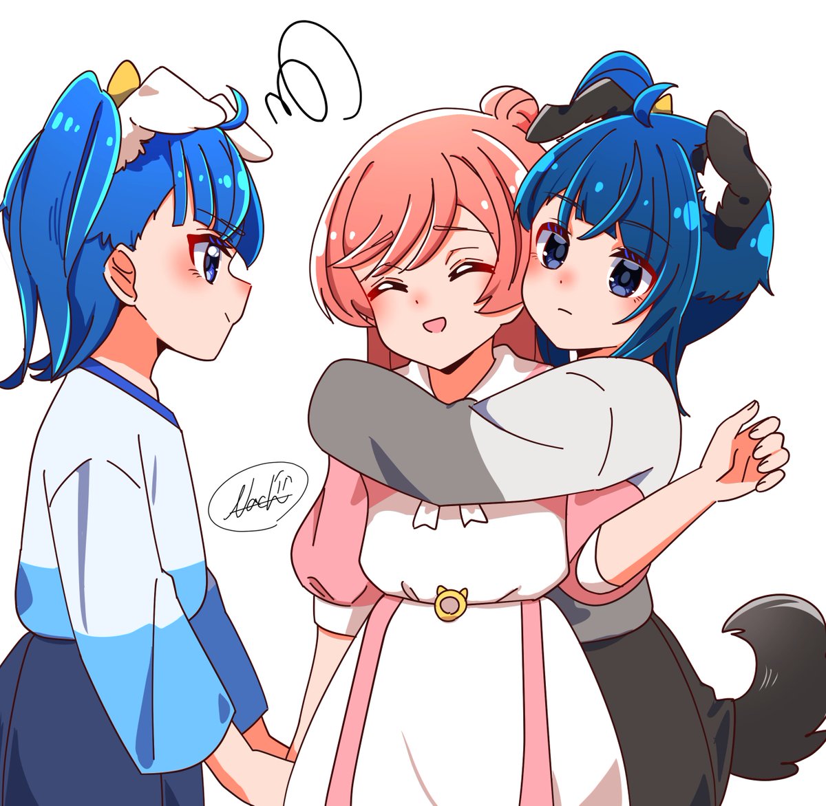 nijigaoka mashiro ,sora harewataru multiple girls blue hair animal ears 3girls dog ears blue eyes hug  illustration images