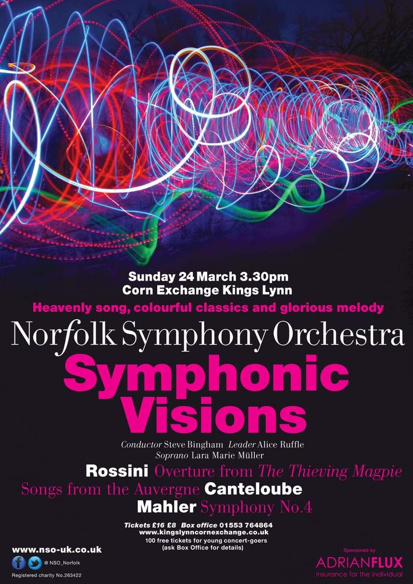 Only three weeks until the next concert of the season. Book your tickets now for an afternoon of musical delight. Rossini, Canteloube and Mahler. Another great concert by Norfolk Symphony Orchestra with guest soprano Lara Müller at the KL Corn Exchange. Nothing beats live music!