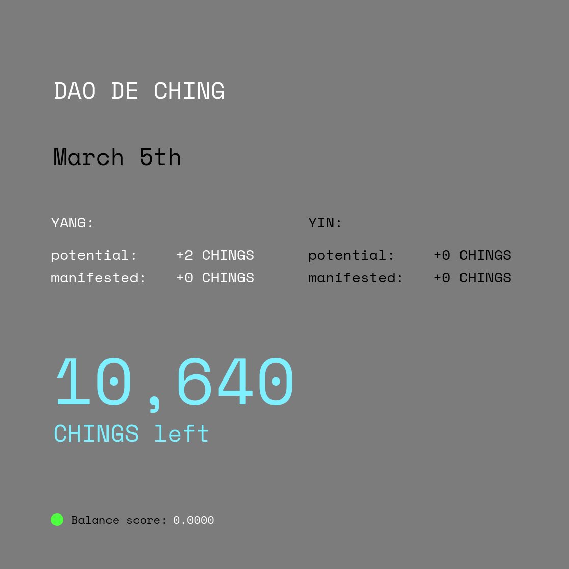 daodechinggame's tweet image. GAME STATS:

YANG potential: +2 CHINGS
YIN potential: +0 CHINGS

YANG manifested: +0 CHINGS
YIN manifested: +0 CHINGS

DAO balance: +0.000 [balanced]
10640 CHINGS left

daodechinggame.com

#DaoDeChing #yang #yin #dao #gamefi #p2e #PlayToEarn #nft #matic #blockchaingames…