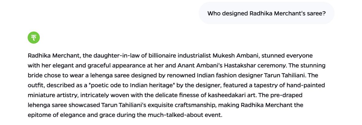 .@Krutrim described Radhika's outfit as I would have, or perhaps even better. AI is becoming smarter every day.