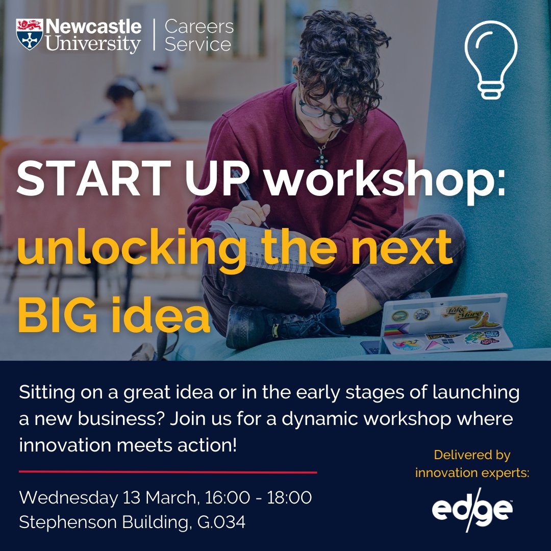 START UP (@nclstartup) on Twitter photo 💡DO NOT MISS THIS💡 
Explore & activate your breakthrough ideas with design-led experts from @EdgeUKTeam. Prepare to leave inspired 🚀
Register now 👇mycareer.ncl.ac.uk/user/svc/event…
➡ Open to <a href="/UniofNewcastle/">Newcastle University</a> students (across all subjects) & recent <a href="/NCLalumni/">Newcastle University Alumni</a> (within last 2 years) 💡DO NOT MISS THIS💡 
Explore & activate your breakthrough ideas with design-led experts from @EdgeUKTeam. Prepare to leave inspired 🚀
Register now 👇mycareer.ncl.ac.uk/user/svc/event…
➡ Open to <a href="/UniofNewcastle/">Newcastle University</a> students (across all subjects) & recent <a href="/NCLalumni/">Newcastle University Alumni</a> (within last 2 years)