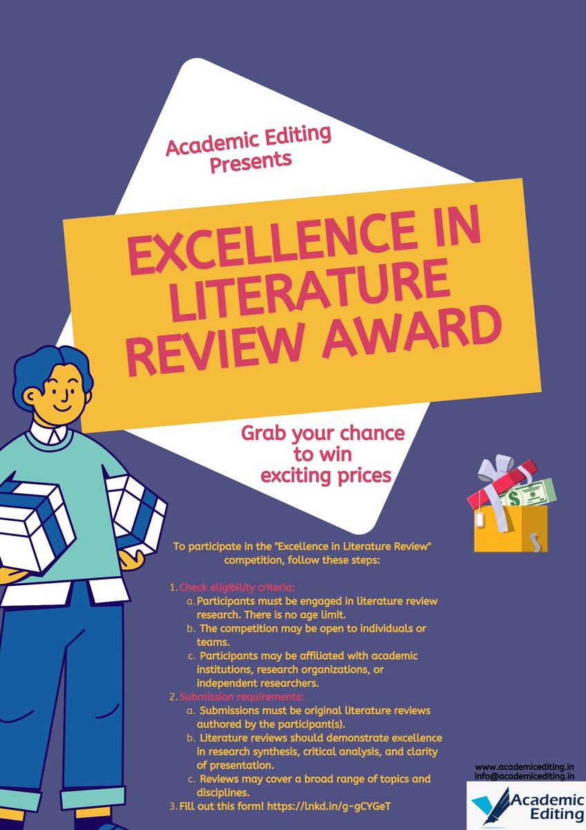 Share your literature review publications with us and grab a chance to win. 
Fill out this form! docs.google.com/forms/d/e/1FAI…

Last submission date: 30 March 24
Award declaration date: 15 April 24
#AcademicChatter #AcademicHelp #academicassistance #phdchat #phdlife #Researchpaper