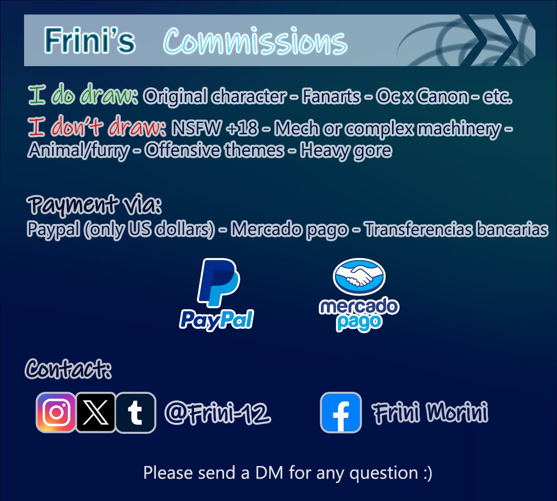 Frini_12's tweet photo. Bueno, comisiones abiertas nuevamente 😊 por si alguien está interesado. 
Cualquier consulta me escriben
#opencommissions https://t.co/w9PcxzoRk3