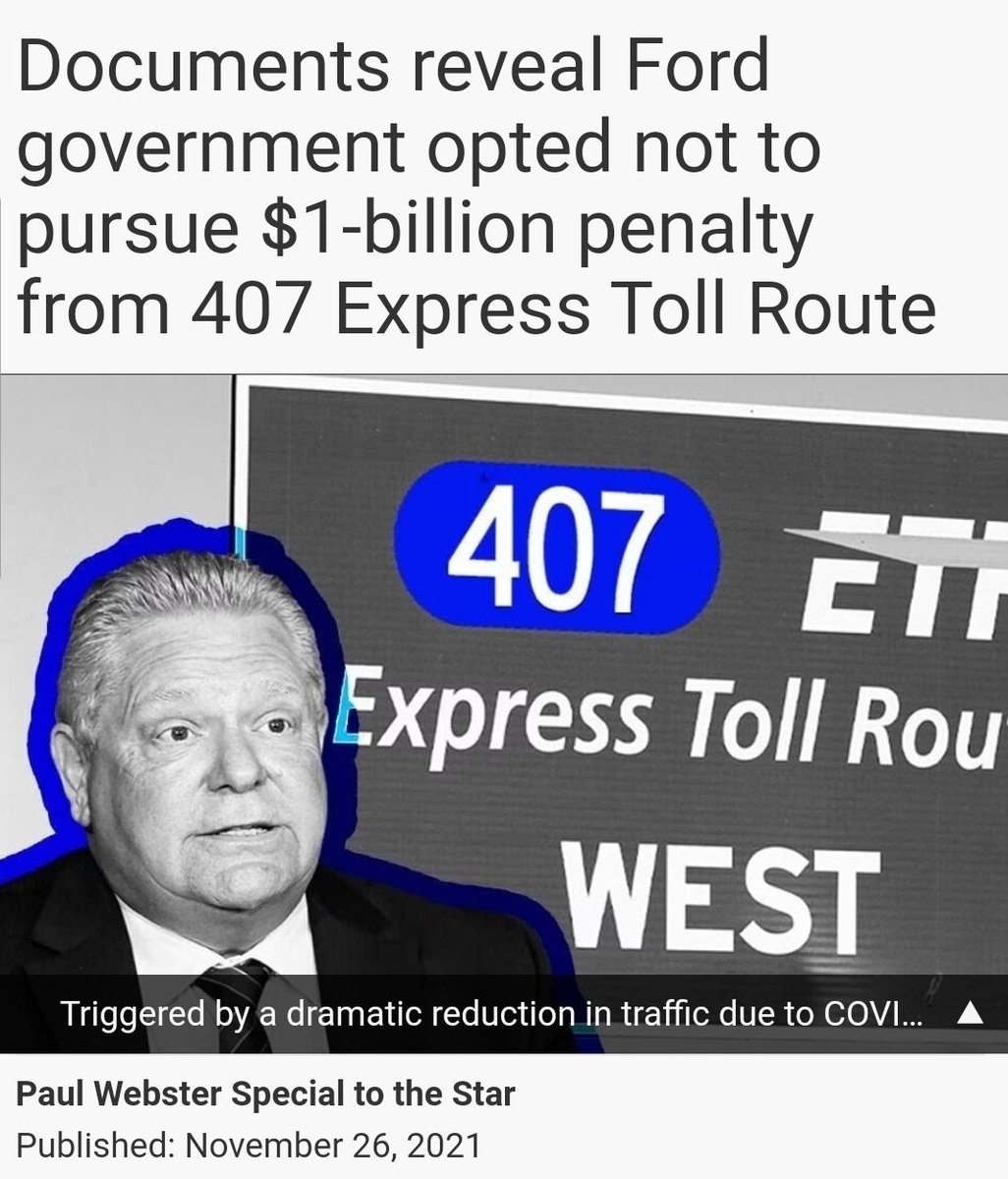 Ford gov opted against pursuing approximately $1-billion in penalties from the owner of the #Hwy407 when traffic levels fell below a contractual target during the pandemic. Nor is there evidence that the government requested tolls be lowered to increase traffic volumes.