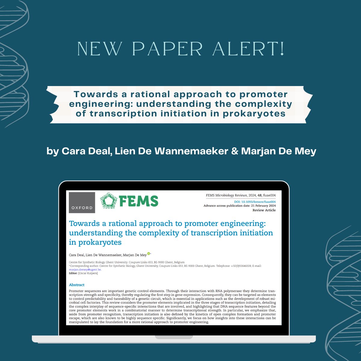 📢 New paper alert 📢 Congrats to all authors!! @carafdeal @LienWannemaeker @mademey Want to understand how we can rationally approach promoter engineering? Then read our latest review article in #fems 👉academic.oup.com/femsre/article…