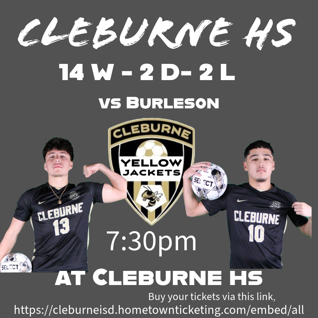 Come Watch your Yellowjackets at Cleburne HS at 7:30 pm.
It is Middle and Interediate School night. 
State your CISD school and Mascot fo students to enter for free.