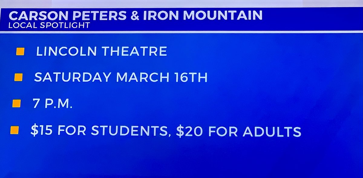 RoyRogers_HTMS's tweet photo. https://t.co/ew9RQfFlgF
CARSON PETERS & IRON MOUNTAIN SET TO PERFORM
• LINCOLN THEATRE
• SATURDAY MARCH 16TH
• 7 P.M.
• $15 FOR STUDENTS, $20 FOR ADULTS
#carsonpeters
@WJHL11 @lincolntheater https://t.co/ffzpxa4g6a