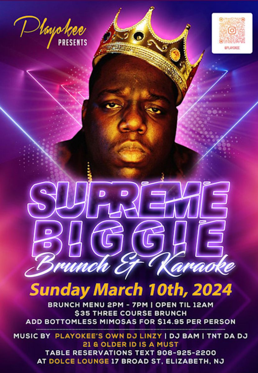BuggsyClark's tweet photo. @playokee Presents: 

Supreme Bigge Brunch

Date Sunday March 10th 2024
Time 2PM - 7PM Open Till 12AM

Location: @dolcelounge 
17 Broad Street
Elizabeth NJ USA

Music by
DJ Linzy
@djbam201 
@tntdadj @partywithtntdadj 

21 &amp; older ID is a must!
table reservations text 908-925-2200 https://t.co/RGreHYIuCV