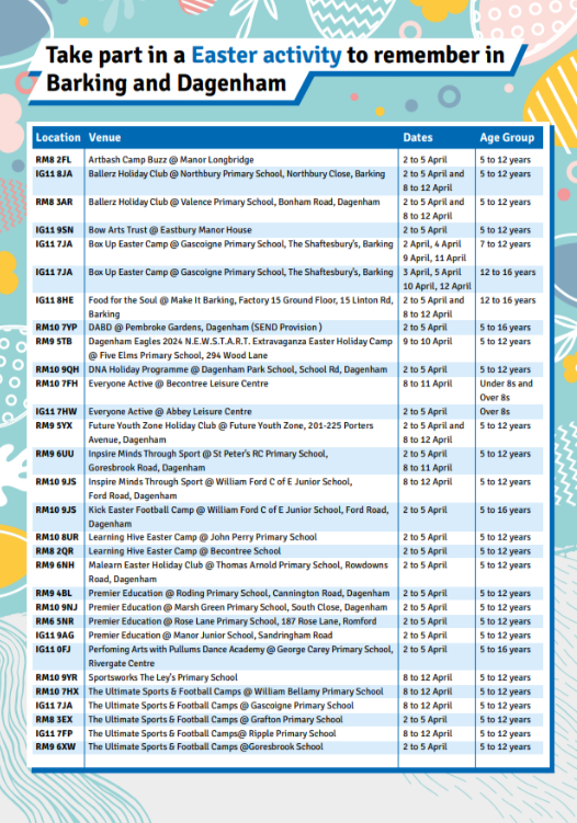 Not long until the #Easter break.🐣 Plan ahead with this fabulous range of #activities for 5-16 years olds in <a href="/lbbdcouncil/">Barking and Dagenham Council</a> (see listings below). ⚽️🎨🎶🍎🥦 Both free and paid spaces are available. Register here: 
lbbd.gov.uk/children-young…