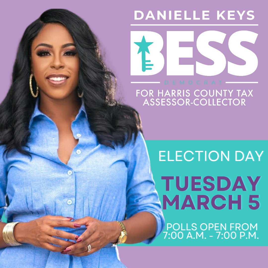 Happy Election Day! It's Super Tuesday &amp; the polls are open in Harris County until 7 p.m. I am Danielle Keys Bess, #5 on the ballot, Candidate for Harris County Tax Asssessor-Collector, &amp; I am asking for your vote! 💜🩵  #Bess4HCTX #ElectionDay #SuperTuesday #Vote