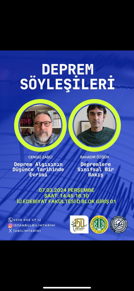 Deprem haftası kapsamında düzenlediğimiz "Deprem Söyleşileri" 7 Mart Perşembe günü 14.45-16.10 saatlerinde sizlerle. 
İstanbul Teknik Üniversitesi Jeoloji Mühendisliği Bölümü öğretim üyesi Doç. Dr. Cengiz Zabcı ve Gazeteci Bahadır Özgür'ün  konuşmalarıyla gerçekleştirilecektir.