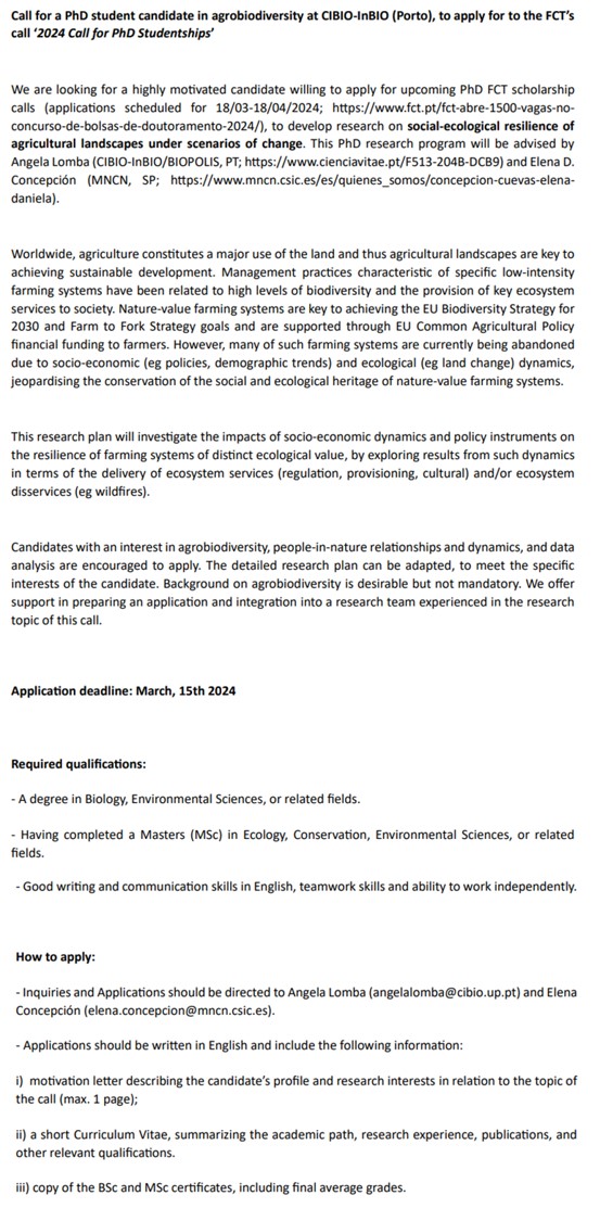 📣 Are you interested in doing a PhD in #agrobiodiversity &amp; #HNVfarming

Join me and <a href="/EleD_Concepcion/">Elena D Concepción</a> at <a href="/CIBIO_InBIO/">BIOPOLIS-CIBIO</a>!