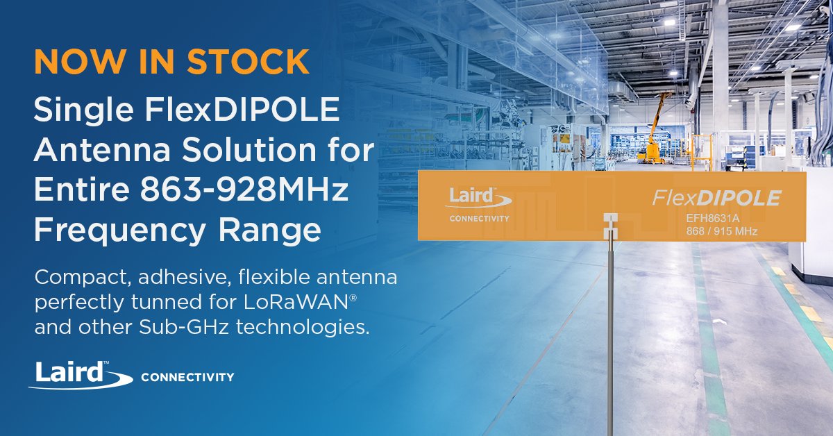 Now in Stock! The 868/915 FlexDIPOLE Antenna Series offers a small​​​, flexible, adhesive backed, #antenna with robust performance over the full range, making it the ideal choice for #LoRaWAN or other proprietary sub-GHz technologies. This antenna is certified with our RM126x