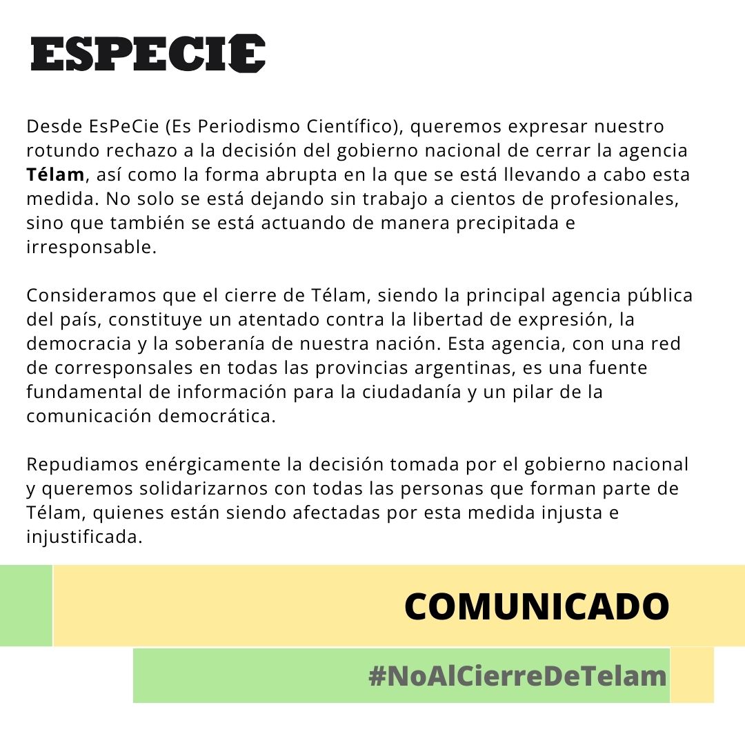 RedEspecie's tweet photo. ✍️🏾Las y los comunicadores públicos de la ciencia que formamos parte de #EsPeCie nos solidarizamos con todas las personas que trabajan en la #AgenciaTelam, repudiamos su cierre y acompañamos la lucha de las y los trabajadores.
#TelamNoSeCierra #TelamSeDefiende 
@somostelam https://t.co/zlmVocmhNW
