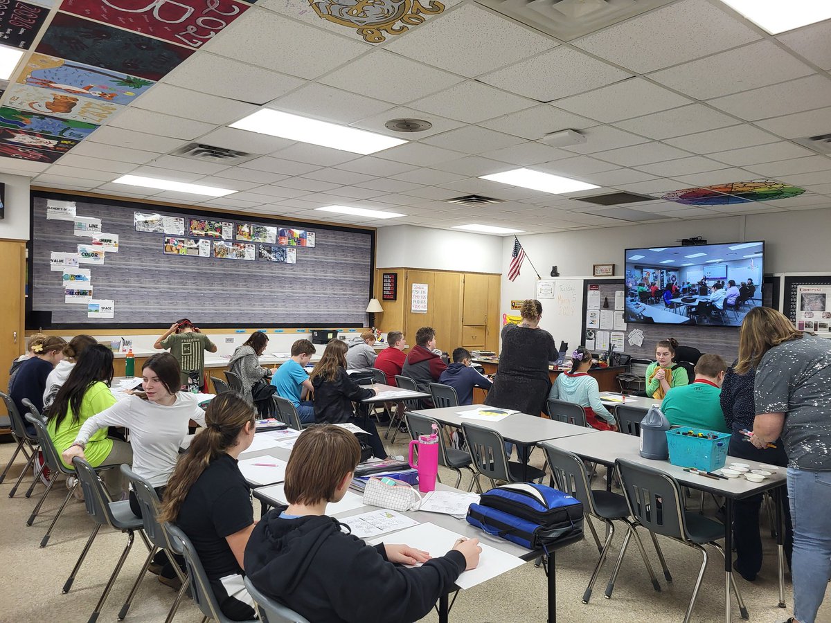 JessicaB_Writes's tweet photo. I popped into Mrs. Xayyachack's BHMS art room today for an upcoming video project and was thrilled to learn she shows her students the BHMSD Roar Report Podcast while they are working! #BHMSD #oneBluffton https://t.co/WwaDo21zJE
