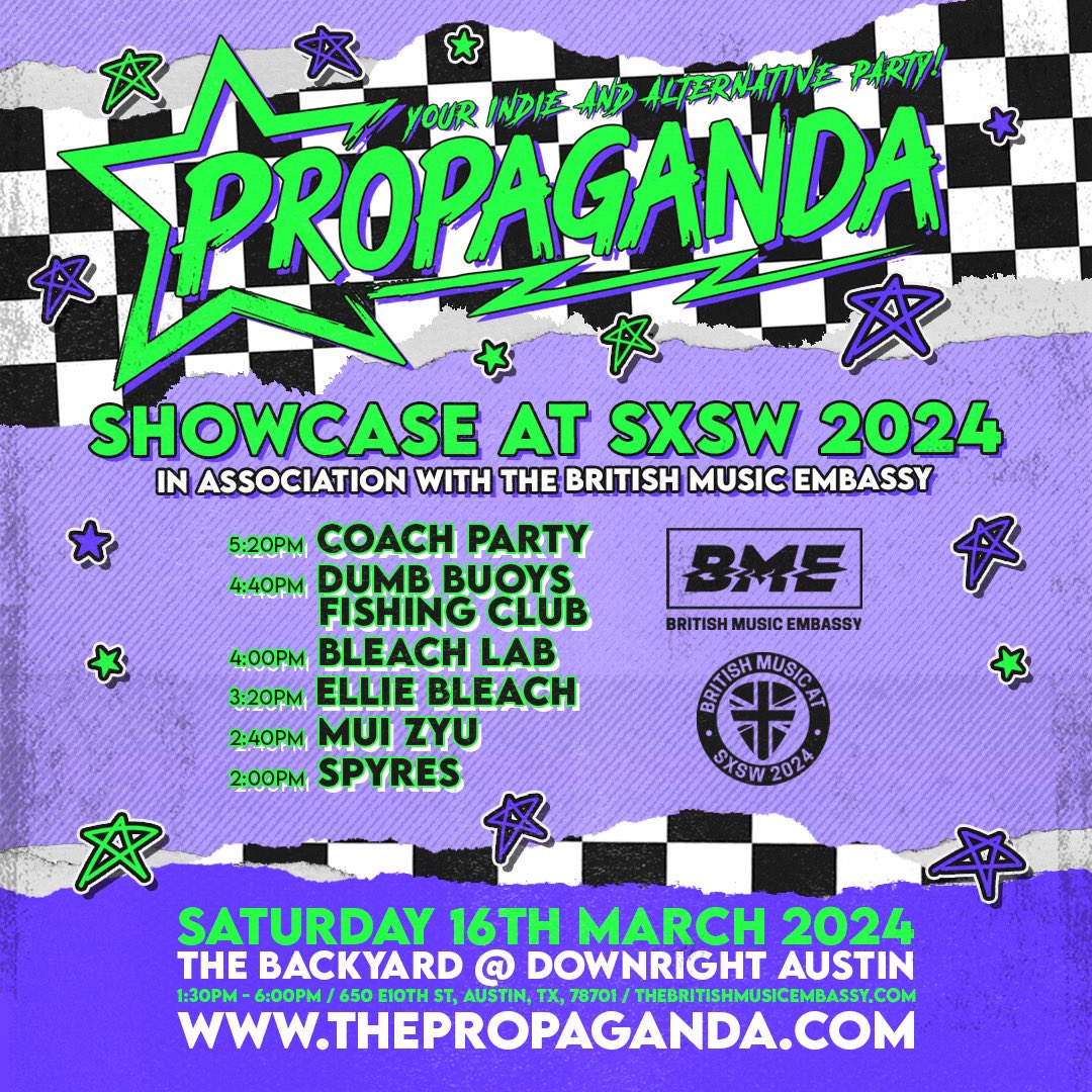 ★ PROPAGANDA ★ 'Your Indie and Alternative Party' 🗓 Sat 3/16 • 1:30pm-6pm 📍 The Backyard (650 E 10th St) This is an official SXSW Showcase. Badges and wristbands will have priority entry. More here - bit.ly/3TeYiwo #SXSW @sxsw