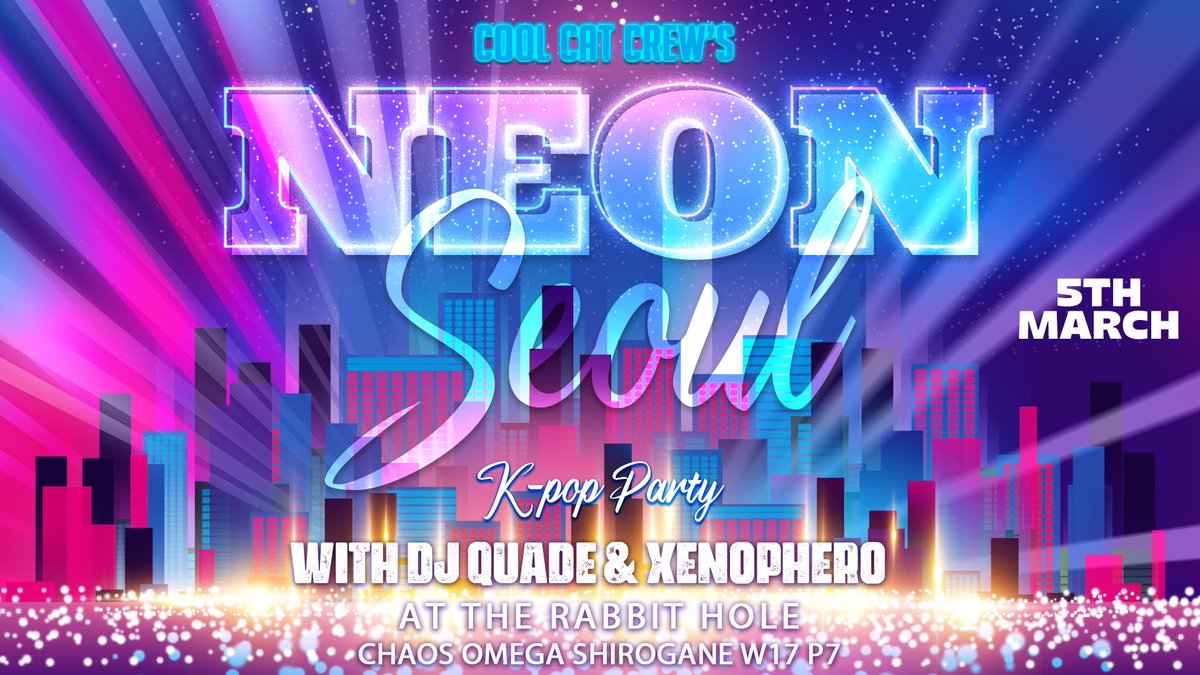 🎵 Get ready to groove with DJ Quade (@Myquade) & Xenophero (@Xenophero) at CCC's Neon Seoul KPOP party on March 5th! 🎶 Xenophero spins live 7-9 EST, followed by DJ Quade 9-11 EST. Don't miss the beats! #NeonSeoul #KPOPparty