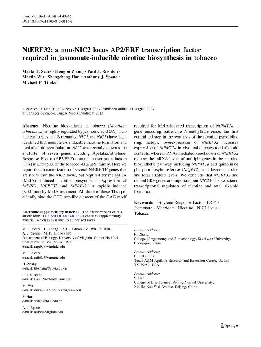 NtERF32: a non-NIC2 locus AP2/ERF transcription factor required in jasmonate-inducible nicotine biosynthesis in tobacco eurekamag.com/research/054/6…