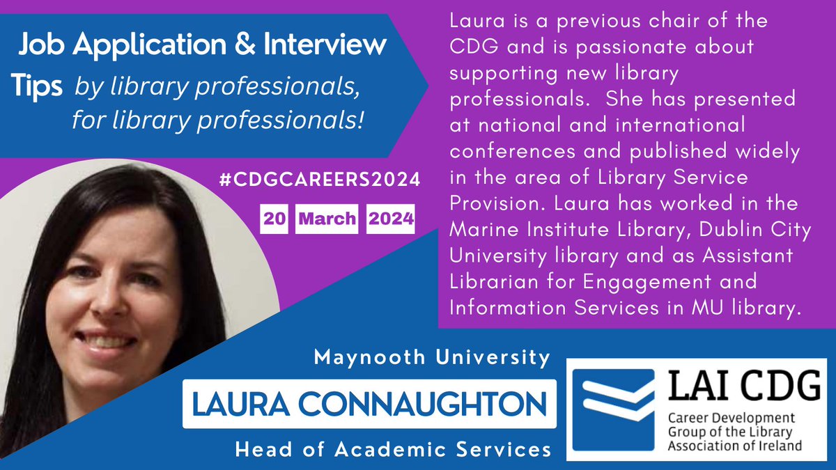 Introducing the first speaker for our upcoming @LAIonline CDG event... it’s @LauraConnn, Head of Academic Services at @library_MU. 📢 Laura will be sharing her top job application & interview tips for #LISjobsIE 🎟️ eventbrite.ie/e/job-applicat… #CDGCareers2024 #JoinUs