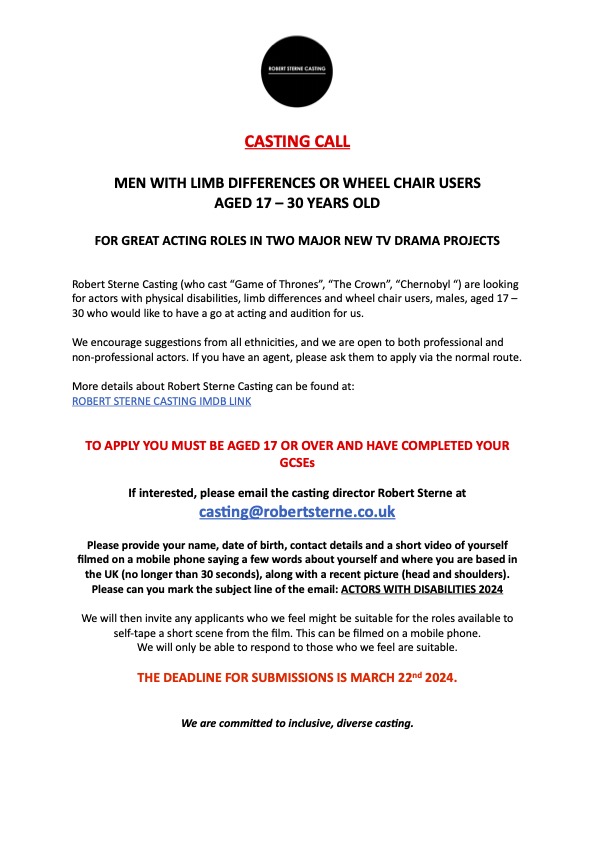 Great opportunity for actors with a physical disability? please help spread the word.