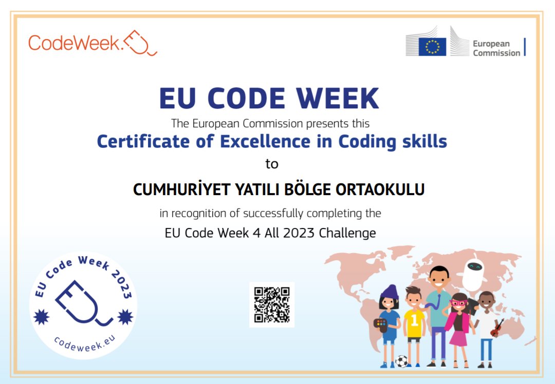 kale_ybo's tweet image. AB KOD HAFTASI (EU CODEWEEK) etkinliklerine katılan okulumuz, Avrupa Komisyonunca, Kodlama Becerilerinde "MÜKEMMELİYET SERTİFİKASI" almaya layık görüldü.
#Codeweek2023 🌐
#YapayZeka 🤖
@tcmeb
@emre_caliskan
@denizlimem
@ArgeDenizli
@YTEMEL3
@CodeWeekEU
@CodeweekTurkiye
@kalemem20