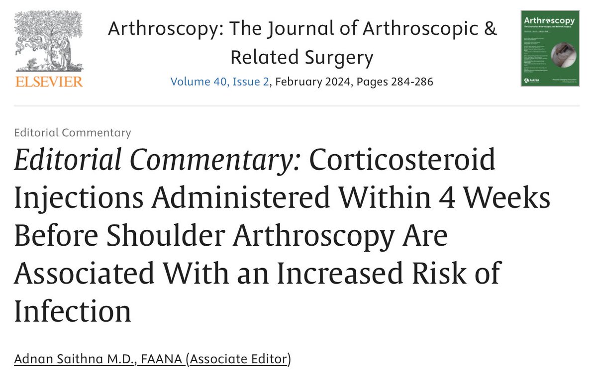 Corticosteroid injections within 4 weeks of shoulder arthroscopy are associated with increased risk of infection.  Check out my editorial commentary in Arthroscopy Journal, available via the link authors.elsevier.com/a/1iW3y2gV7ZY8… #rotatorcuff #corticosteroids #PRP #shoulderpain