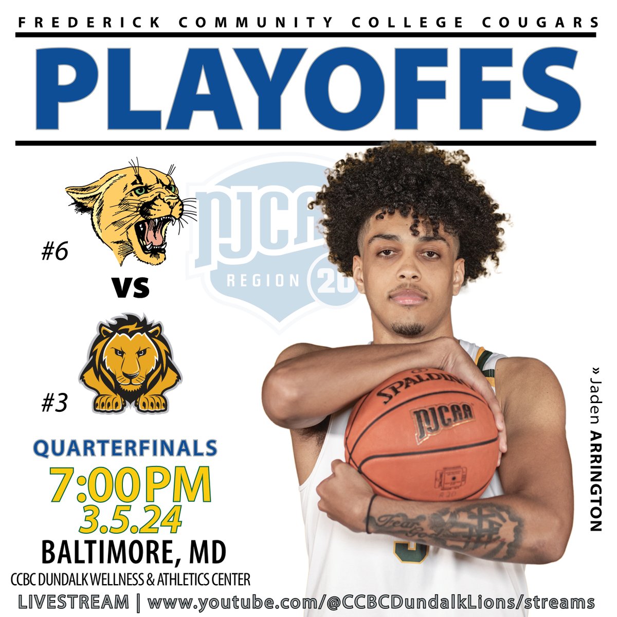 GAME DAY 🏀 #6 #FCC_Cougars men’s basketball will play #3 CCBC Dundalk Lions in the NJCAA DII Region  20 Championship Quarterfinal game at 7:00 PM at CCBC Dundalk!! #GoCougars
📍: Baltimore, MD
📅: 3/5/2024
⏰: 7:00 PM
📊: fccathletics.com/sports/mbkb/20…
📺: youtube.com/@CCBCDundalkLi…