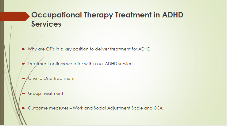 nhsggcmhot's tweet photo. Very interesting presentation from Anna & Paul from the ADHD Team in East Renfrewshire on how Occupational Therapy is a vital component within ADHD Service development and treatment #MHOTConference #NewServiceDevelopment https://t.co/C8vpuMB1Bq