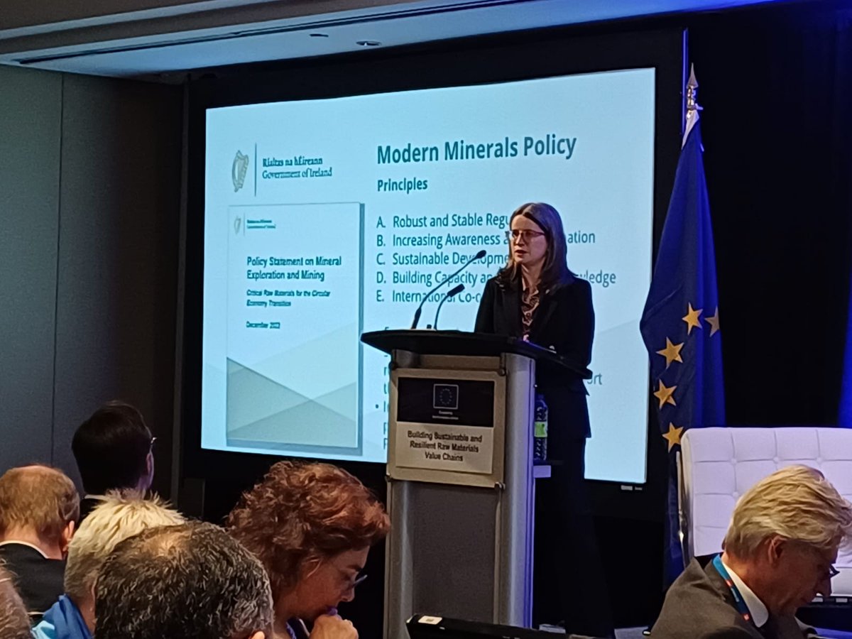 Great presentation on Ireland's mineral policy, data, #CRMA and potential by Mairead Fitzsimons @Dept_ECC Name checking @GeolSurvIE @iCRAGcentre @EuroGeoSurveys @TellusGSI #EUday #PDAC2024 @the_PDAC